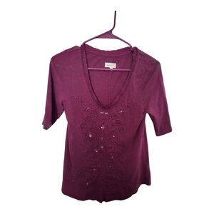 Anthropologie Meadow Rue Top Women Small Burgundy Embroidered Fringe Sequin Boho